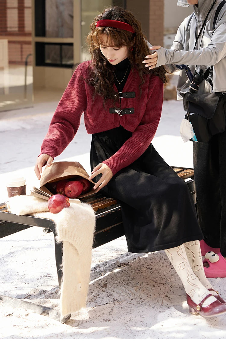 MISHOW Knitted Dress Solid Cardigan Separately Women Winter V Neck Sweater Midi A-line High Waist Dress Short Tops MXC59L1646