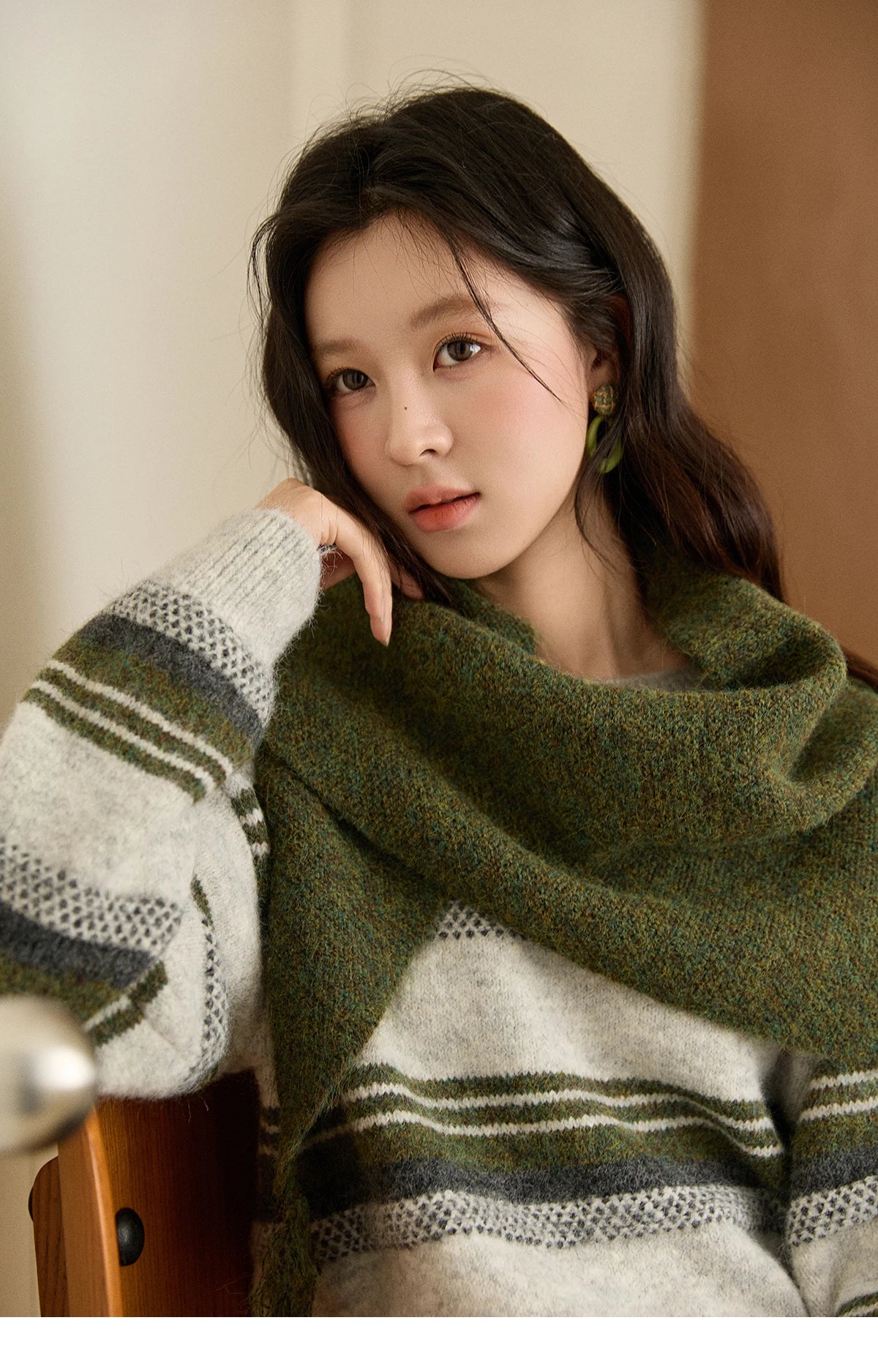 MISHOW Women's Wool Blend Retro Striped Sweater with Scarf Set 2025 Winter Knitted Round Neck Warm Loose Sweaters MXE94Z2987