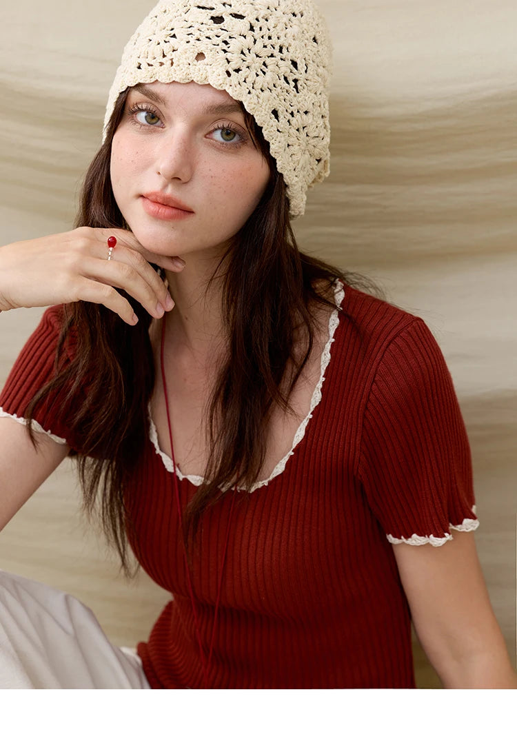 MISHOW Office Lady Summer Sweater Women 2025 New Solid Short Sleeve Lace Collar Contrast Color Hook Design Tops Slim MXE33Z1218