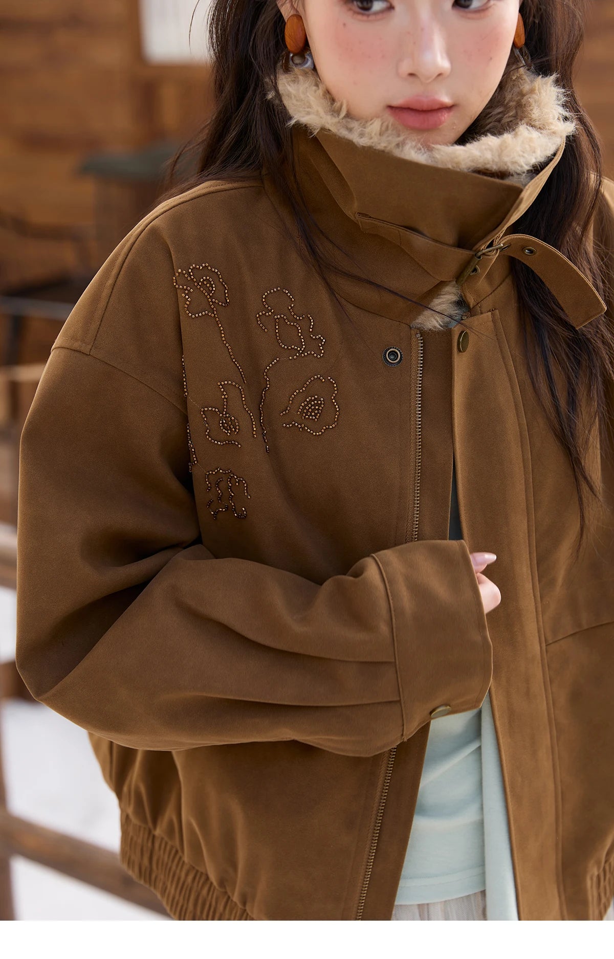 MISHOW Brown Suede Jacket for Women 2025 Winter New Detachable Fur Collar Coat commute Long Sleeve Zipper Jacket MXE51W0876