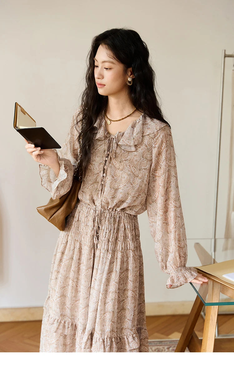 MISHOW Cashew Flower Dress for Woman 2025 Autumn Romantic Style Printed Dress Long Sleeve Ruffled Tie Waist Dress MXE46L2520