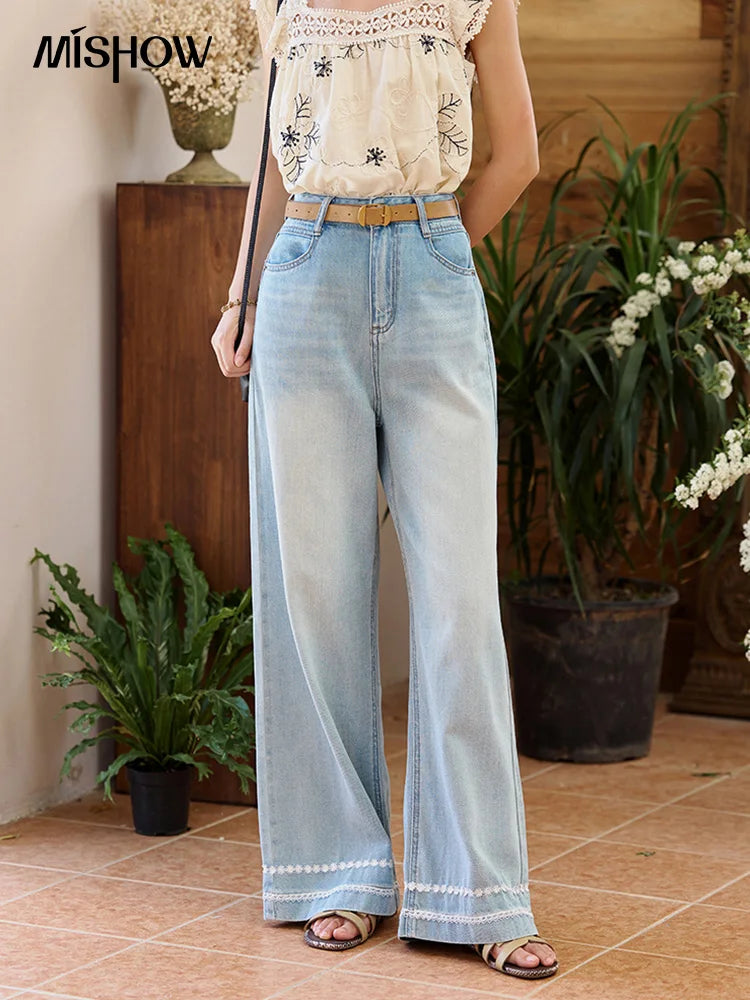MISHOW Denim Blue Lace Straight Leg Pants for Women Summer 2025 High Waist Trousers 100 Cotton Casual Wide Leg Jeans MXE35K0947