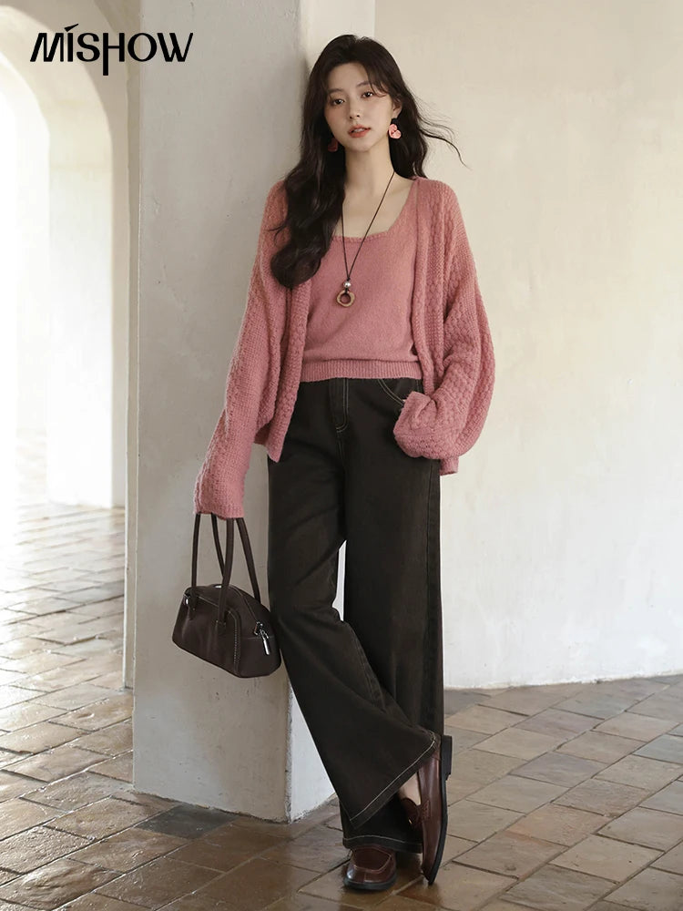 MISHOW Women's Pink Knit Two-Piece Set 2025 Autumn Sweet Long Sleeves Cardigan with Vest Casual Women's Clothes Set MXE44T0737