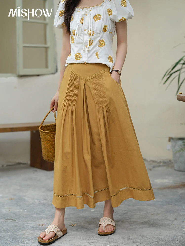 MISHOW Fashion High Waist Skirts for Woman 2025 Summer New Ladies Casual Pocket Bottom Spliced Hollow Out Lace Skirts MXE35B0724