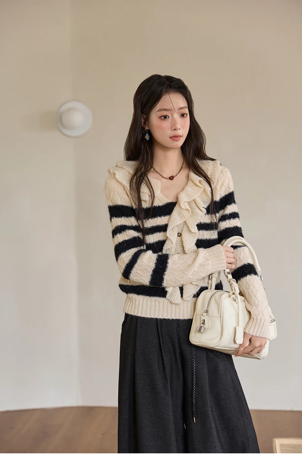 MISHOW Striped Sweater for Women 2025 Autumn New Asymmetrical Ruffled Diamond Shape Knitted Retro Women's Cardigan MXE51Z2633