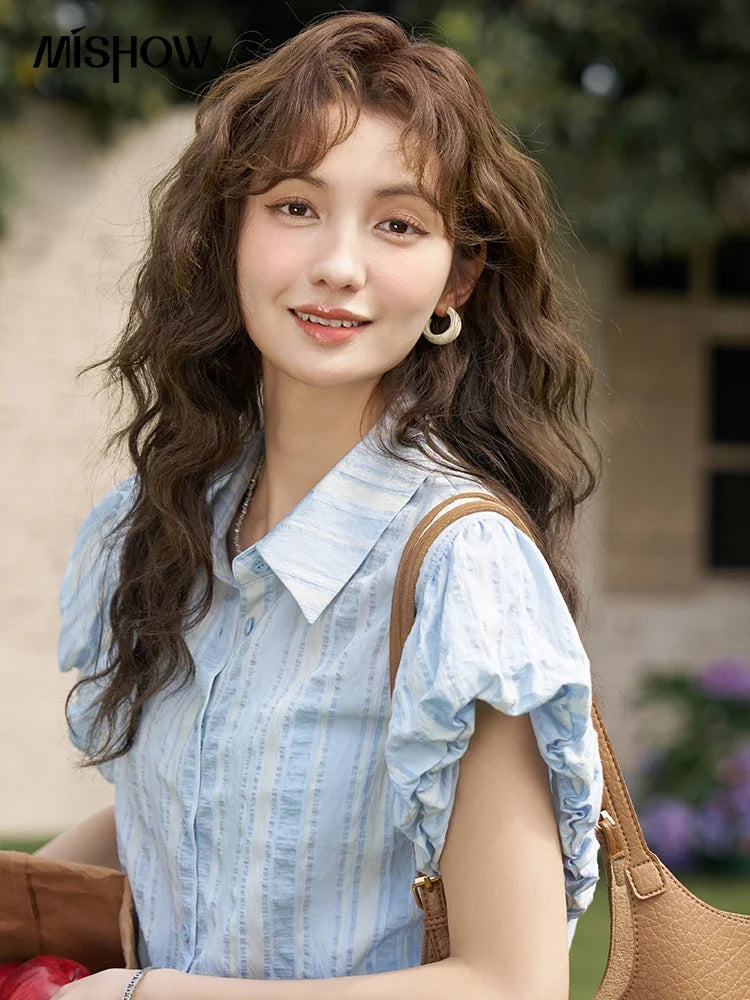 MISHOW Blue Striped Short Sleeve Shirt for Women Summer 2025 Bubble Flower Bud Sleeves Lapel Neck Shirt with Tube Top MXD24C0204