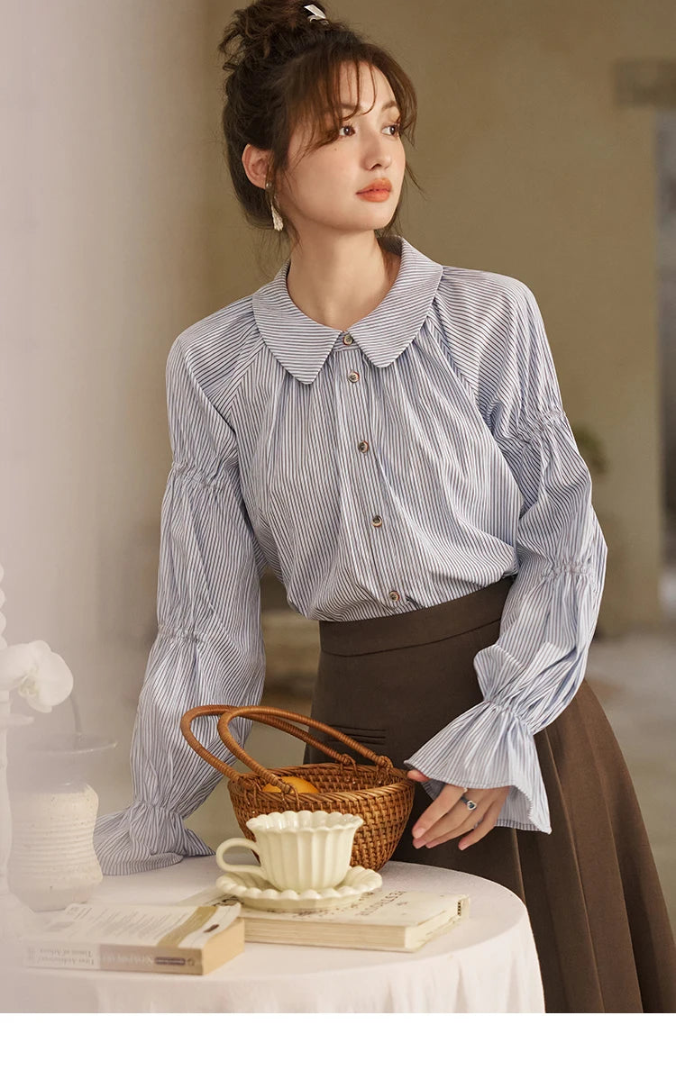 MISHOW Women's Blue Stripe Shirt 2024 Spring Fashion French Retro Bubble Sleeves Doll Neck Loose Tops Office Lady MXD12C0163
