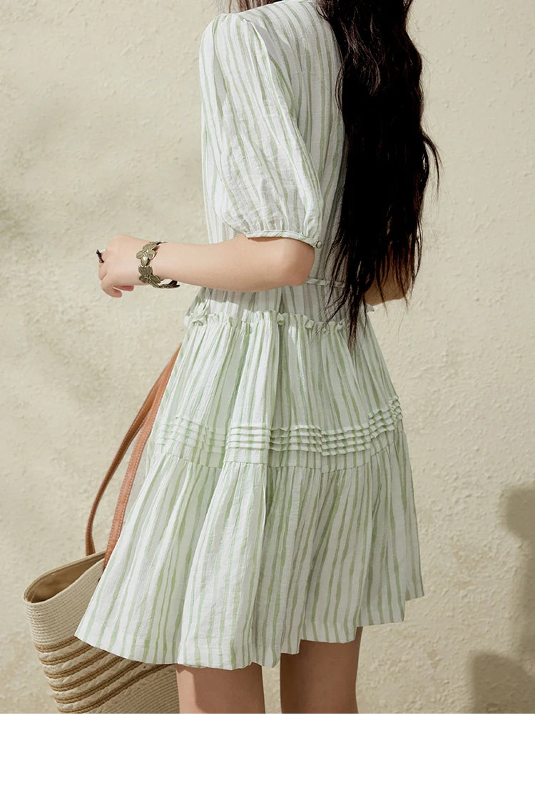 MISHOW French Green Striped Dress Women Summer 2025 Short Puff Sleeve Round Neck New Mid-length Dresses Woman Fashion MXE15L2141