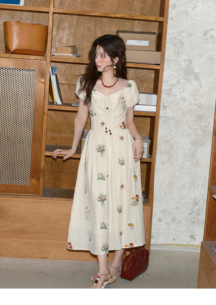 MISHOW Fashion Flower Embroidery Dress for Women Summer 2025 New Square Neck Lace Up Puff Sleeve Large Swing Dresses MXE37L2315