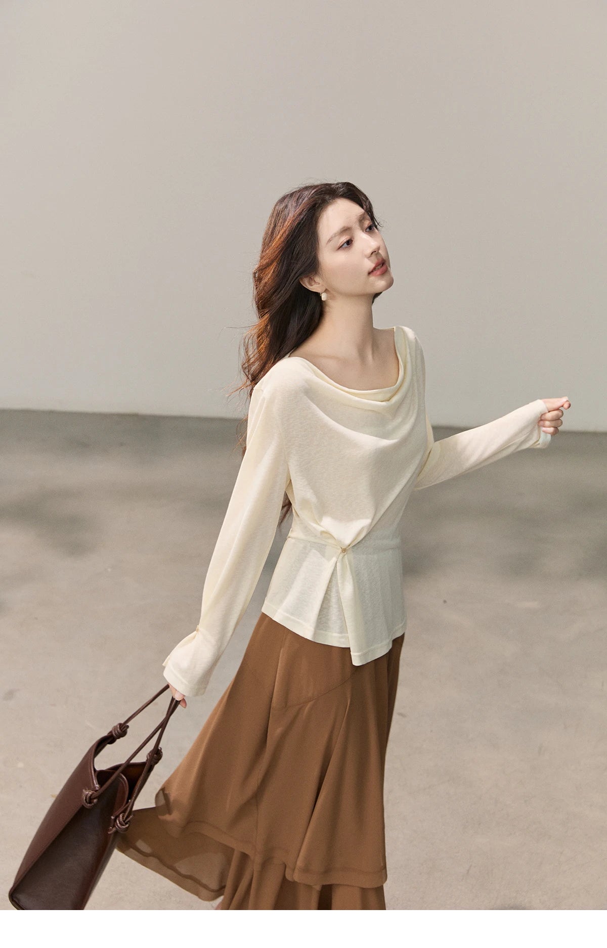 MISHOW Women's Multi Colored Knitted Top 2026 Spring Swinging Collar Flare Sleeve Top Side Twist Whist Casual T-Shirt MXF13T1473