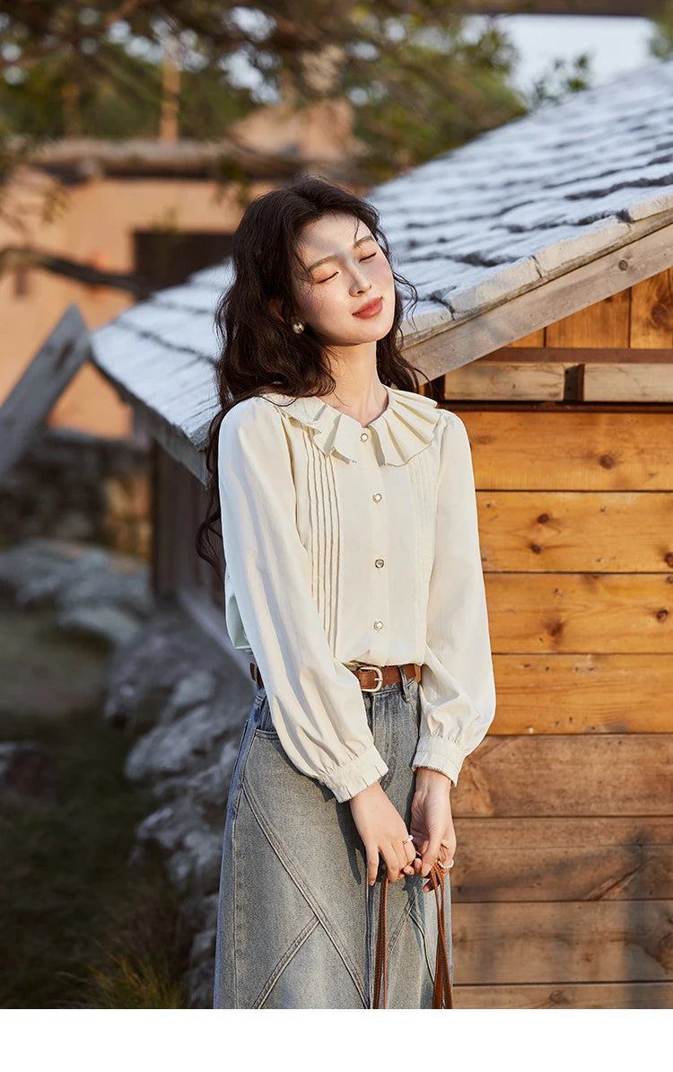 MISHOW French Tucker Pleats Doll Neck Shirt for Women 2025 Spring Straight Shirt Ruffled O Neck Shirts Office Lady MXE12C0401