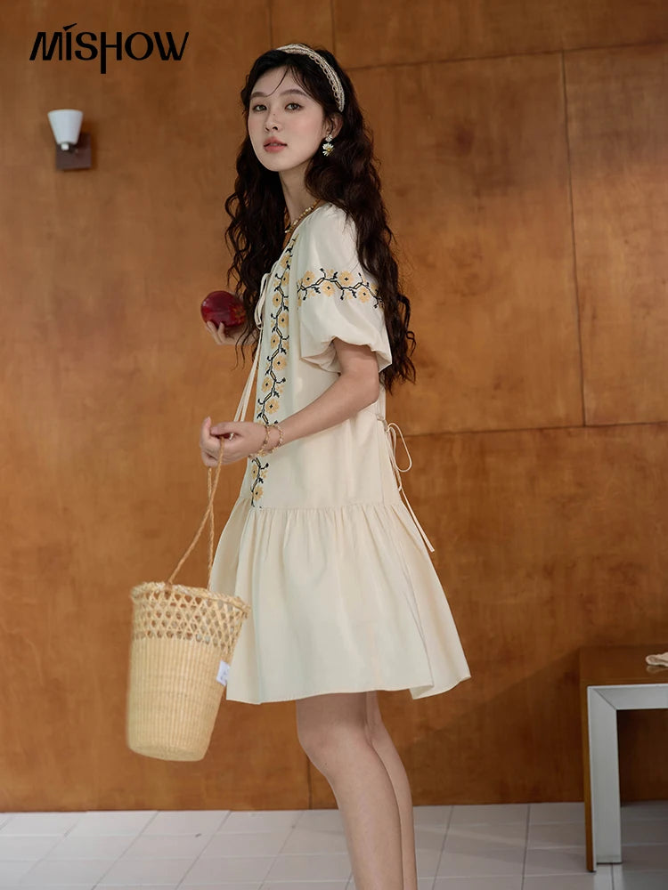 MISHOW Women's Ethnic Dress 2024 Summer Korean Sunflower Embroidery Puff Sleeve Dress V Neck Lace-up Doll Dresses MXD30L1959