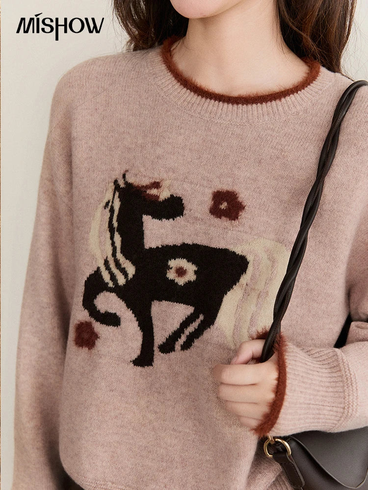 MISHOW Women's Horse Pattern Knit Sweater Winter Crew Neck Sweaters Collar Cuffs Splice Contrasting Faux Mink Fur Top MXE94Z2863