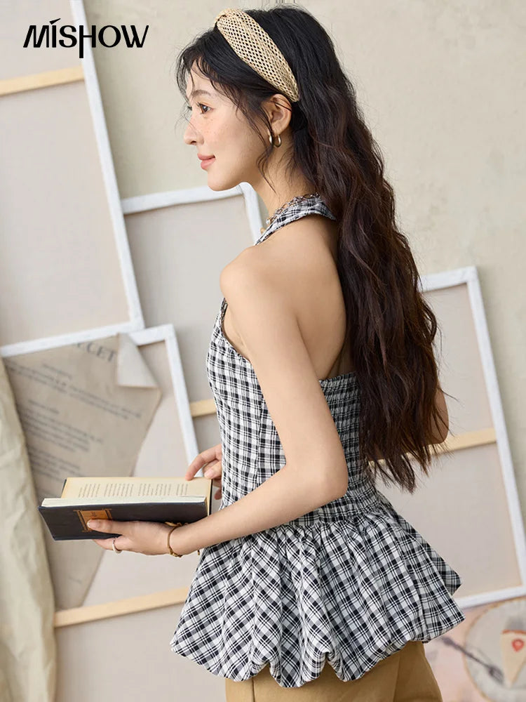 MISHOW Black Flower Bud Hanging Neck Plaid Blouses Summer 2025 Backless Elasticity Sexy Blouse Retro V-neck Slim Top MXE35X1822