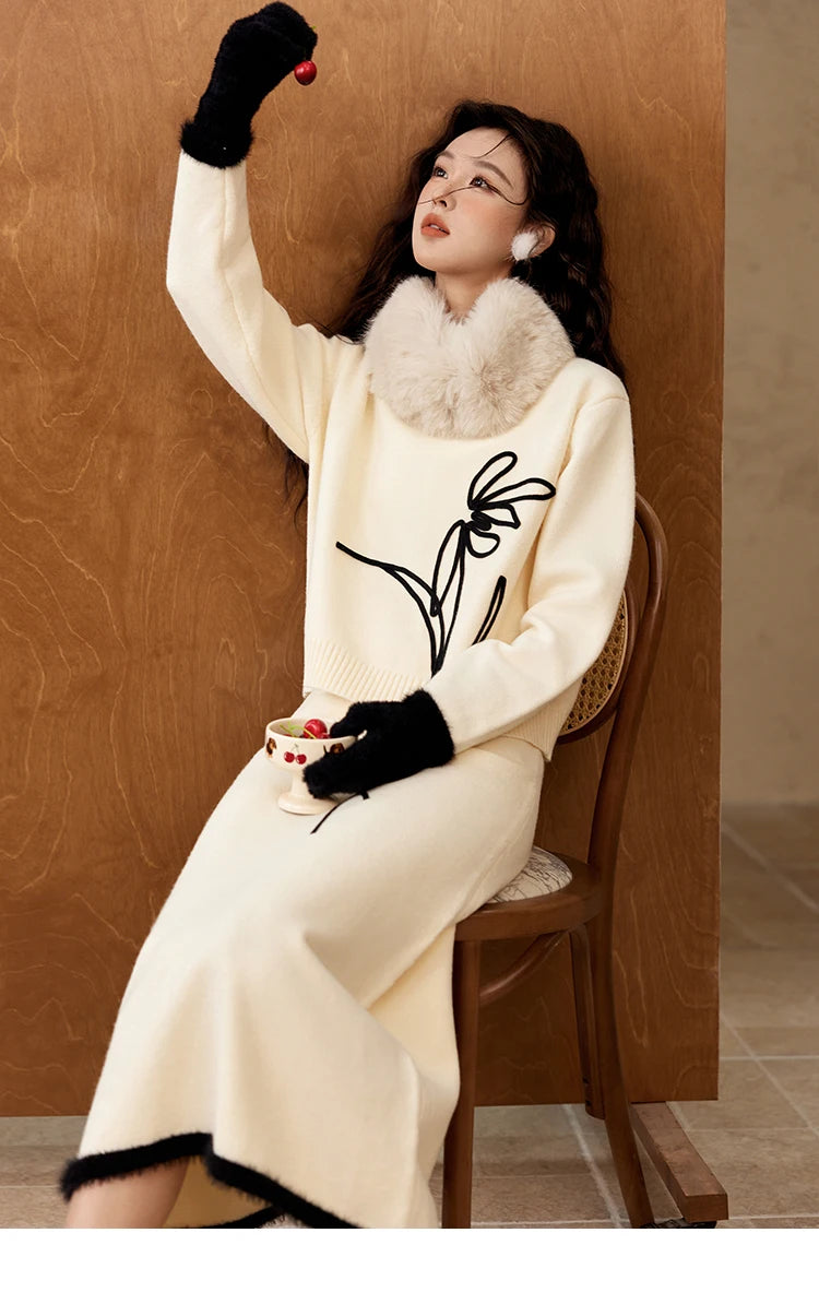 MISHOW French Skirt Sets Embroidery Spliced Contrast Color Two Piece Sets Women High Waist Midi Skirt Knitted Tops MXD57T0463