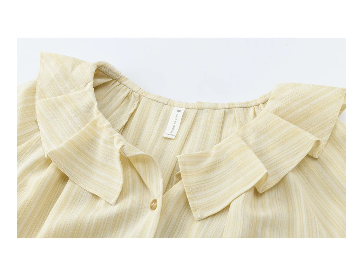 MISHOW Women's Ruffled Collar Striped Shirt 2026 Spring Flare Sleeve Elegant Casual Loose Long Sleeve Top Office Lady MXF13C2438