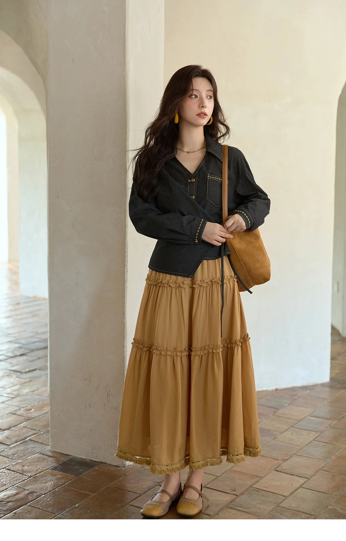 MISHOW Retro Orange 100 Lyocell Skirt 2025 Autumn Black Fungus Edge A-line Skirts Elastic High Waist Hem Tassel Skirt MXE42B2386