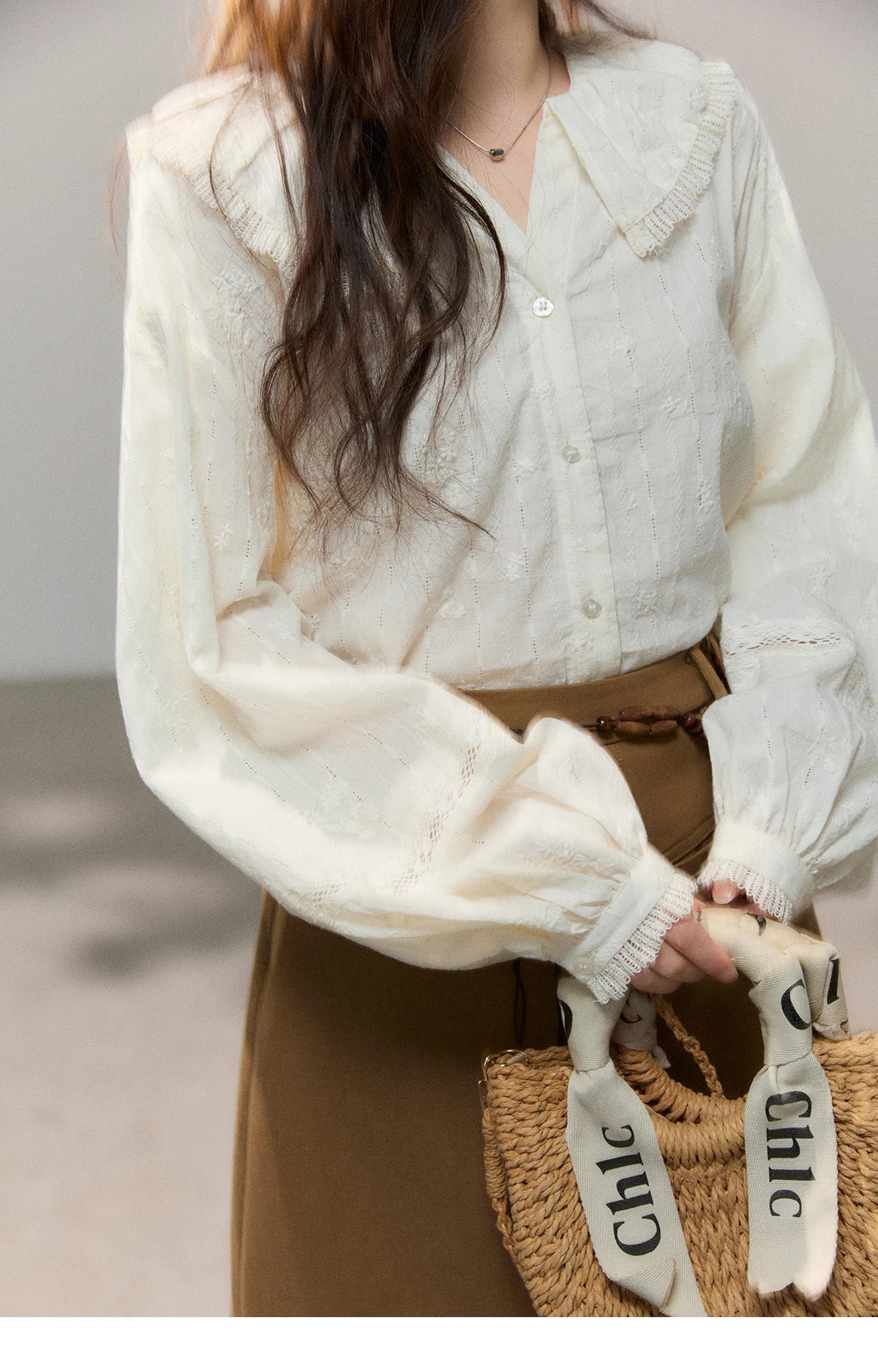 MISHOW Women's Beige Apricot Lace Shirts 2026 Spring Peter Pan Collar Micro Lantern Sleeves Top Casual Elegant Shirt MXF108C0813