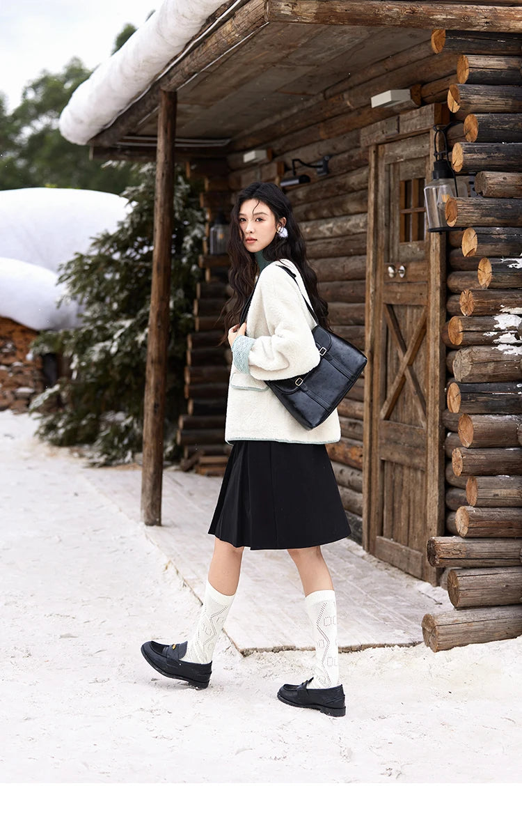 MISHOW Lamb Wool Jacket Women Cuffs Spliced Lace Metal Buttons Design Suede Plush Soft Warm Solid Leather Fur Coats MXD58W0740