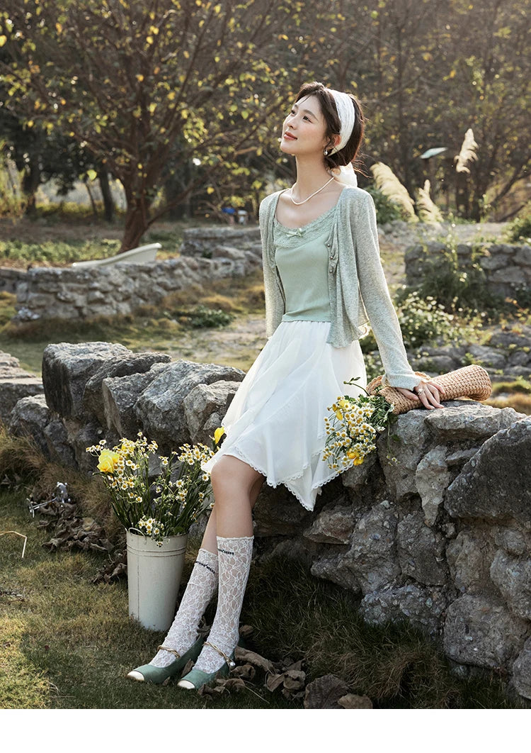 MISHOW Light Green Camisole Knit Cardigan Two-piece Set Spring Summer 2025 Lace Bow Camisole V-neck Cardigan Sets MXE15T0504