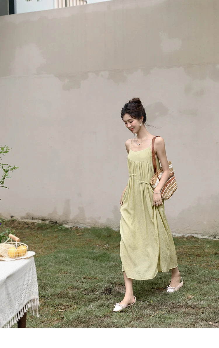 MISHOW Irregular Pleated Suspender Long Dress for Women 2025 Summer Olive Green Dress Loose Drawstring Waist Dresses MXD31L1928