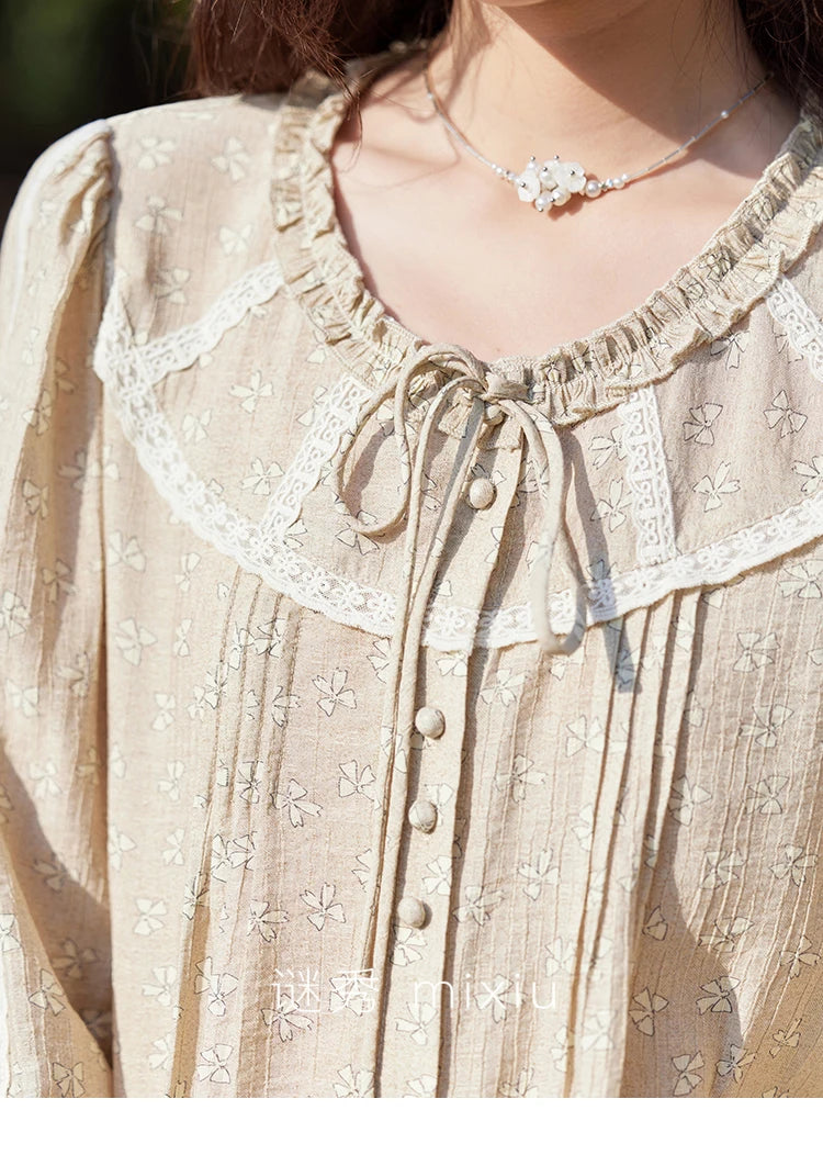 MISHOW Women's Floral Round Neck Shirts 2025 Spring Ruffled Collar Commuting Top Sweet Petal Sleeve Lace-up Shirts MXE14X1729