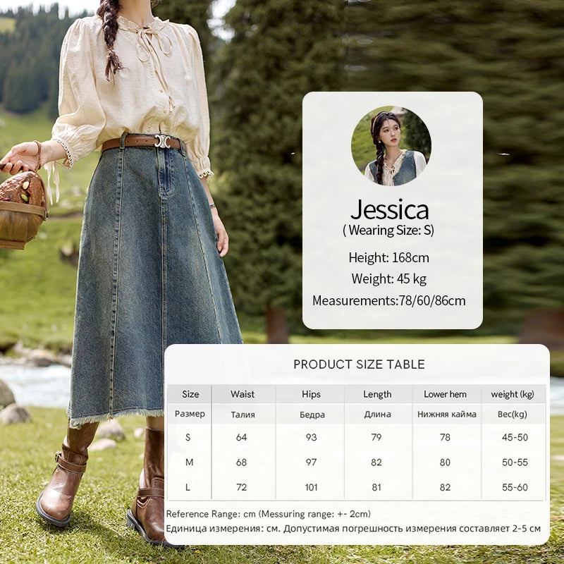 MISHOW Washed Hem Fringed Denim Midi Skirt 2024 Autumn Commuting Versatile A-line Long Skirt Retro Blue Casual Skirts MXD41B0453