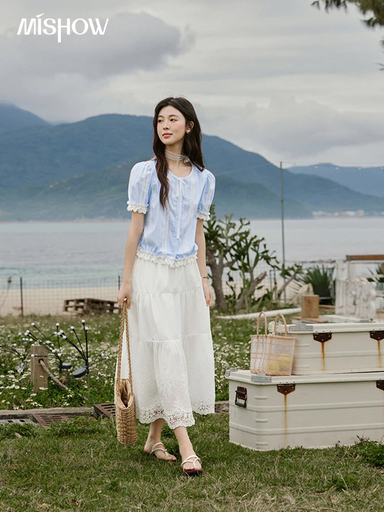 MISHOW French Striped Summer Blouses Women 2025 New Short Puff Sleeve Round Neck Lace Patchwork Shirts Fashion Tops MXE32X1759