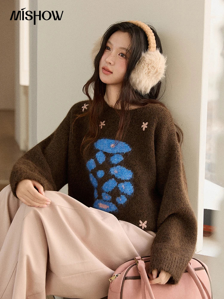 MISHOW Women's Lucky Bottle Jacquard Wool Warm Sweater 2025 Winter 3D Floral Color Block Retro Thickened Knitwear MXE91Z2840