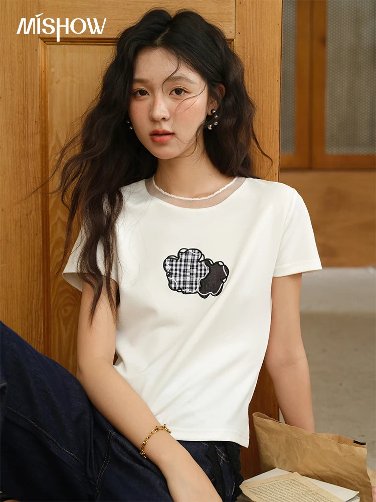 MISHOW Lace Edge Splicing Short Sleeve T-shirt for Women 2025 Summer Female Round Neck Simple Top Women's Clothing MXE38T0630