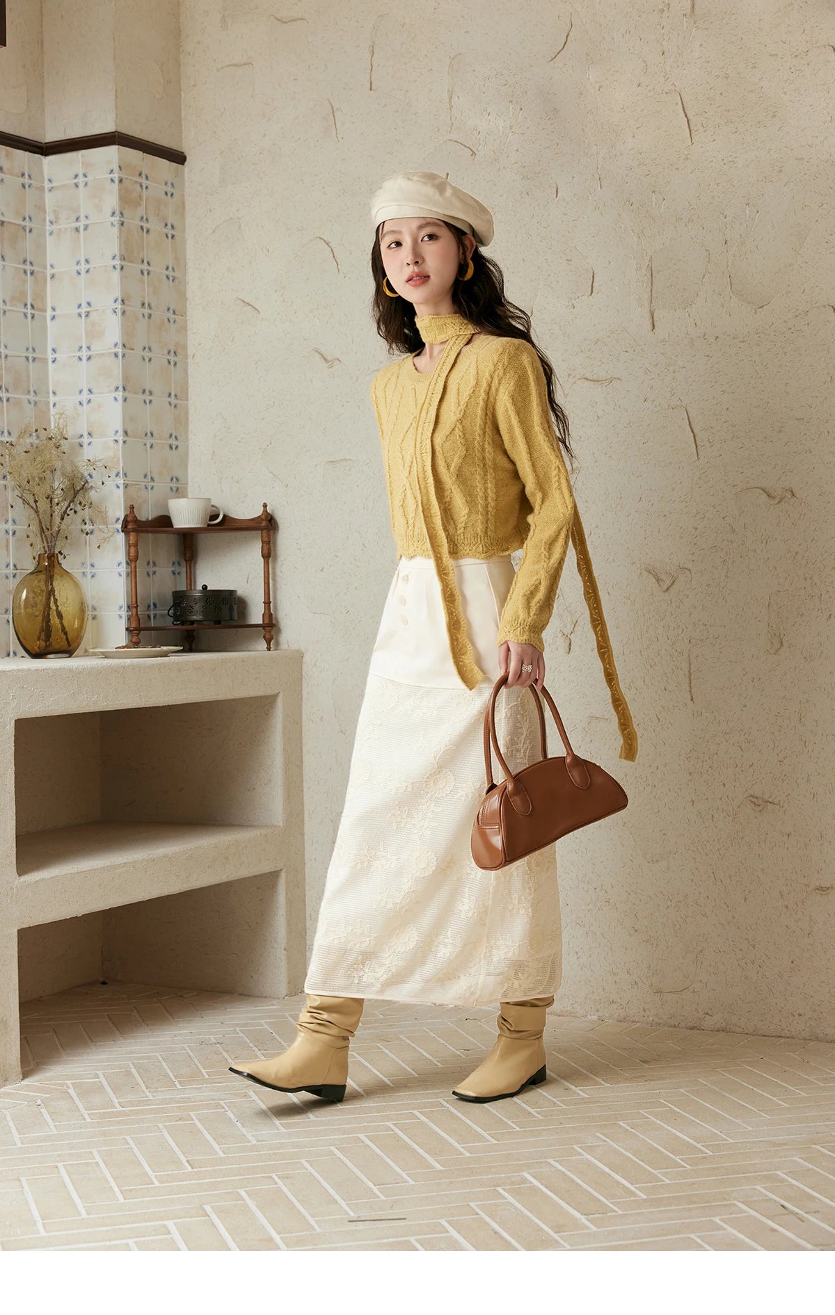 MISHOW Romantic Lace Wave Lace O-neck Knitted Sweater 2024 French Short Top Solid Hollow Elegant Sweater with Belt MPD42Z0736