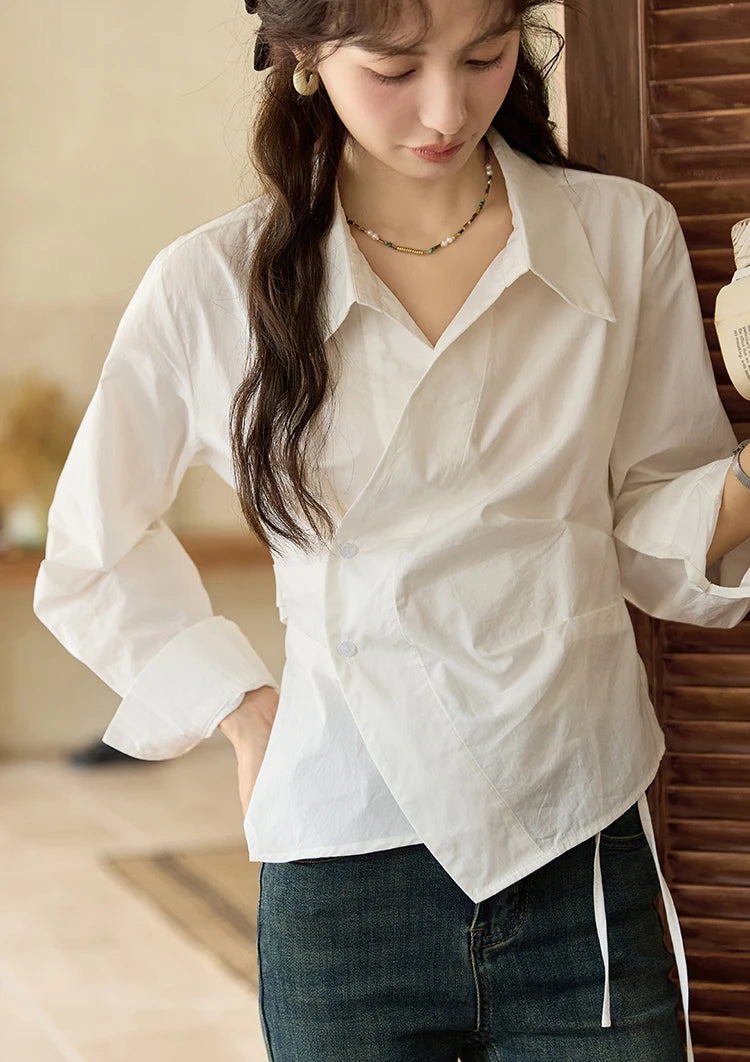 MISHOW French Side Placket Asymmetric Shirt Autumn 2025 Pleated Waist Lapel Shirts Long Sleeve Loose Commuter Tops MXD45C0357