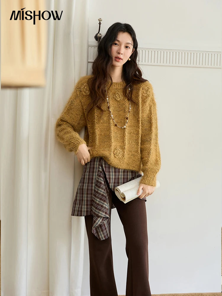 MISHOW Pretty Women's Sweaters 2025 Autumn Retro Yellow 3D Rose Embroidery Loose Casual Tops Long-sleeved Pullover MXE47Z2563