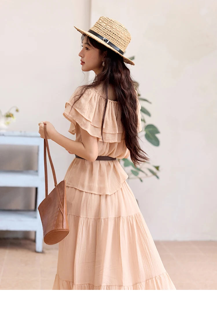 MISHOW Women Fashion Two-Piece Set 2025 Summer Loose Lotus Leaf Edge Off Shoulder Top Elastic Waist Skirt Ladies Set MXE36T0637