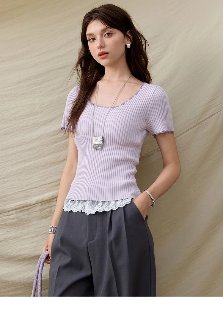 MISHOW Office Lady Summer Sweater Women 2025 New Solid Short Sleeve Lace Collar Contrast Color Hook Design Tops Slim MXE33Z1218