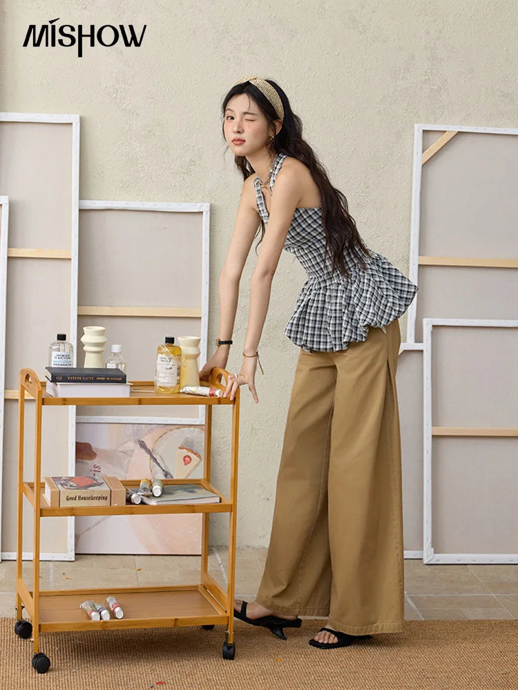 MISHOW 100Cotton Khaki Lace Patchwork Wide Leg Pants for Summer 2025 High Waist Straight Leg Trousers Commuting Pants MXE34K0925