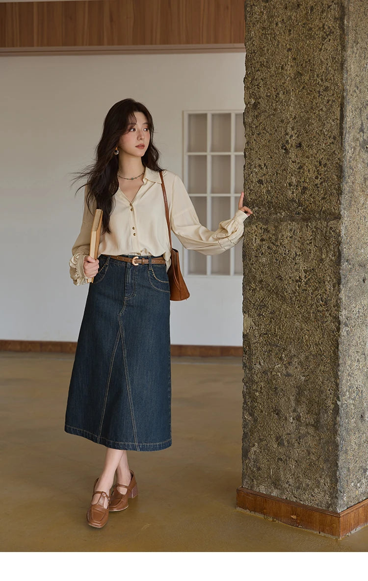 MISHOW High Waist Slim Denim Skirt for Women Autumn 2025 Fashion Pocket Skirt Rear Hem Split Casual Skirt Office Lady MXE41B2379