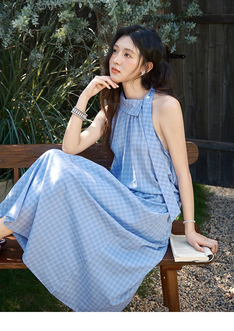 MISHOW Women's 2 Piece Set 2025 Summer Female Vacation Fashion Plaid Hanging Neck Button Top A-line Half Skirt Set MXE39T0711