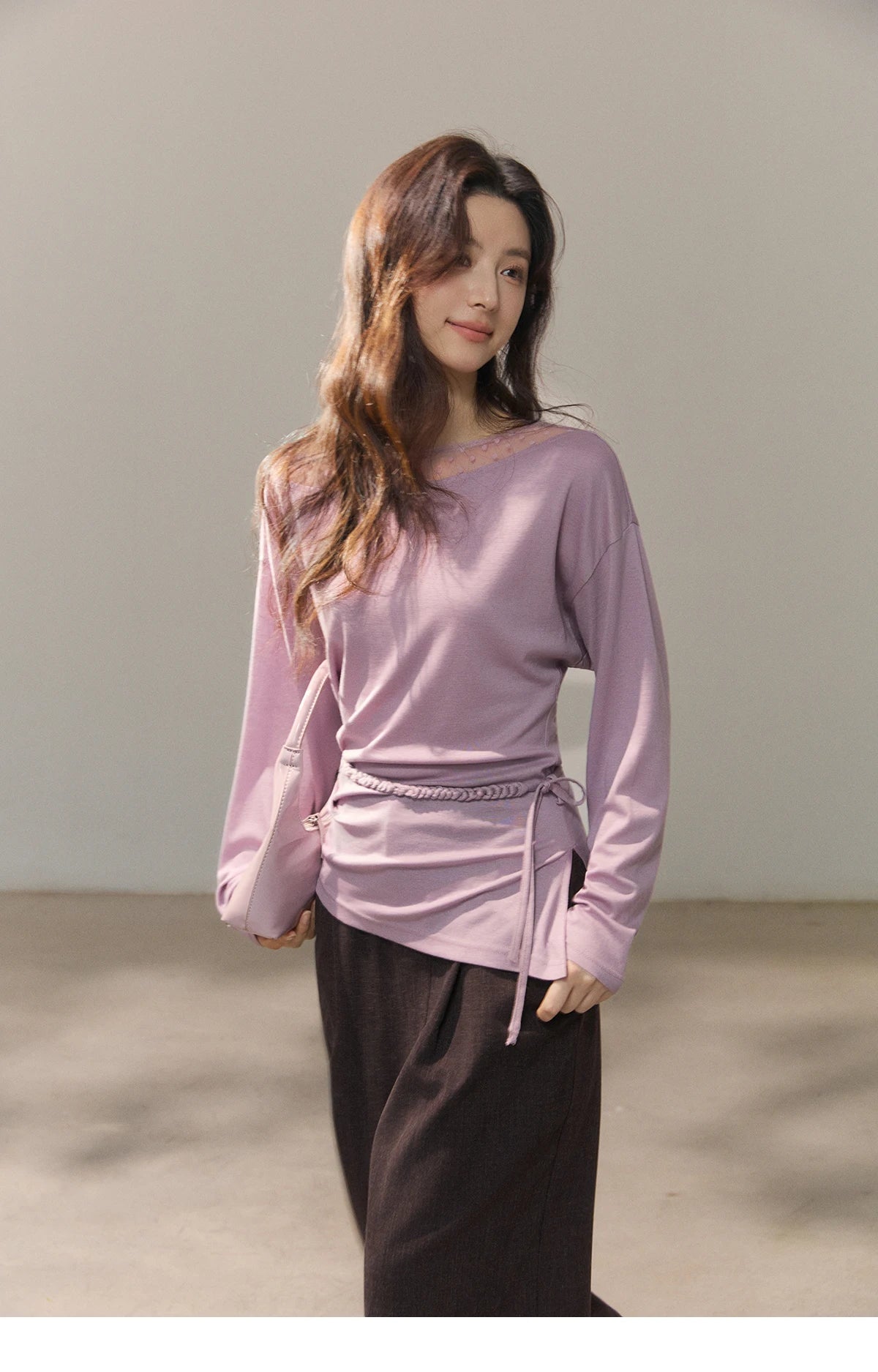 MISHOW Women's Mesh Wool Lace Polka Dot Splicing Tops 2026 Spring Boat Neck Slim Belt Twist Casual Solid T-Shirts MXF13Z3001