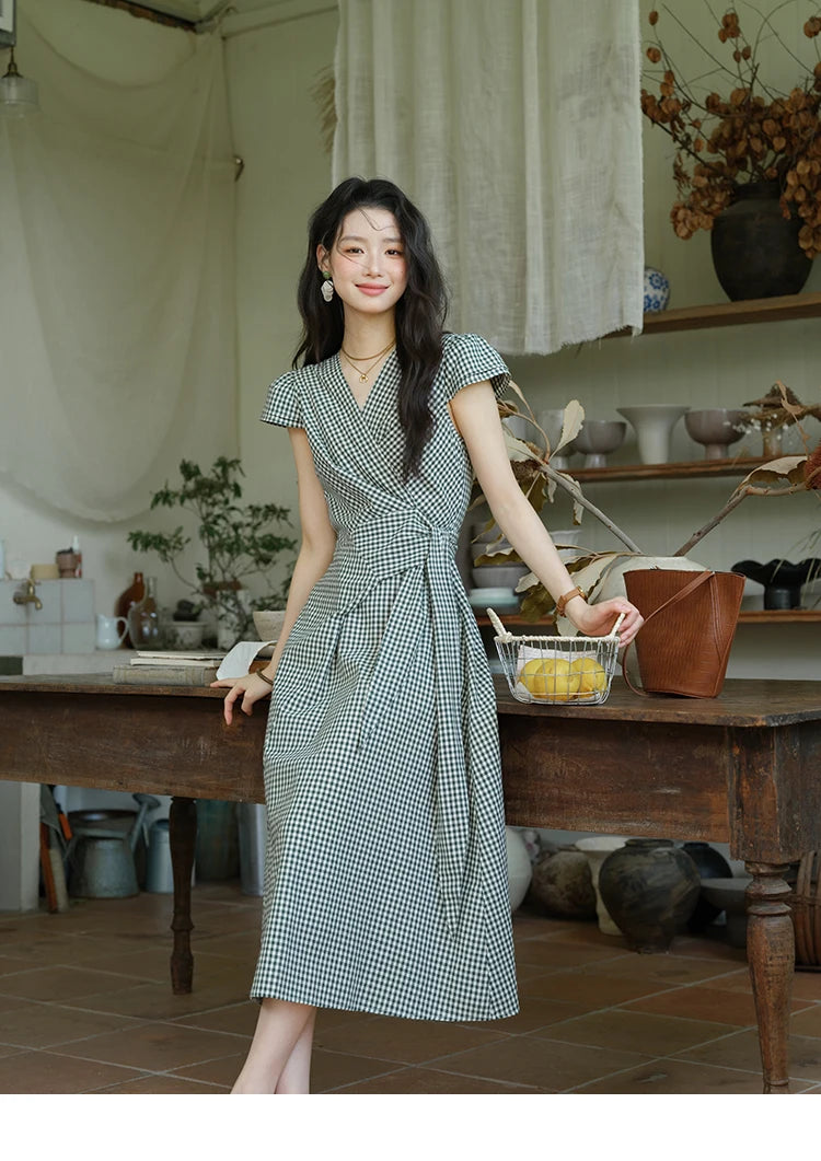 MISHOW Women's Fashion V-neck Dress 2025 Summer Office Lady Plaid Waist Cinched Sashes Short Sleeve Female Dresses MXE39L2410