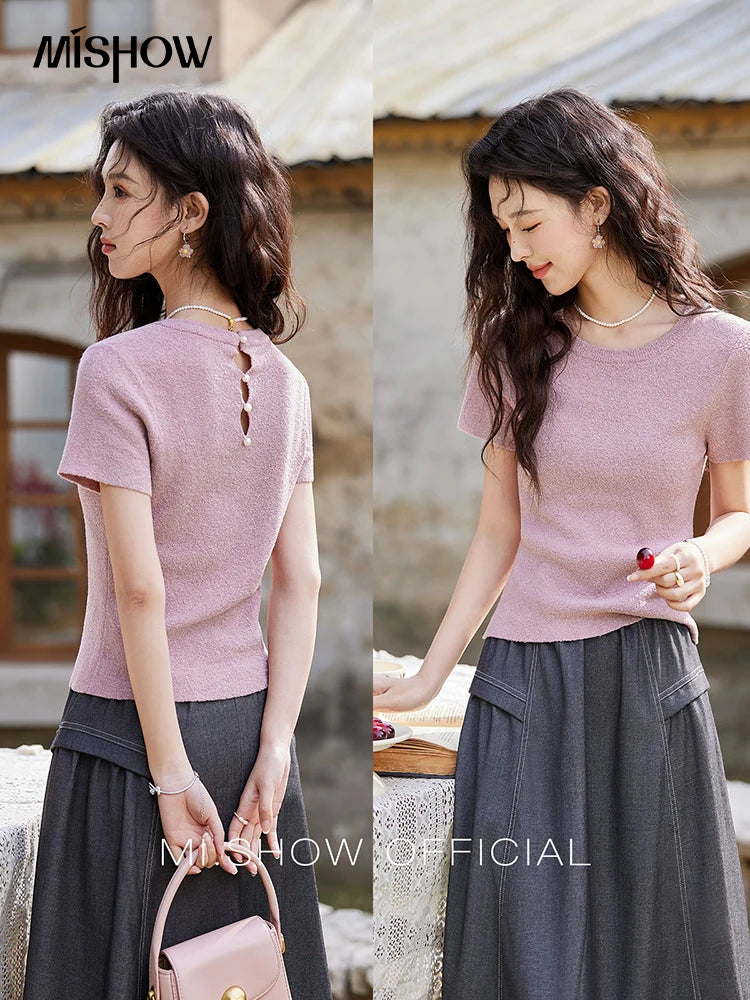 MISHOW Women's Short Sleeved Knitted T-shirt Spring 2025 Korean Minimalist Back Hollowed Out Pearl Buckle Design Tees MXE13Z1072
