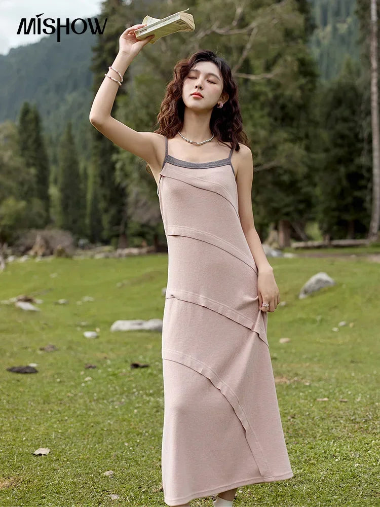 MISHOW Temperament Knitted Strap Dress Autumn 2024 Square Collar Adjustable Sling Dress Splicing Color Waist Dresses MXD42L2015