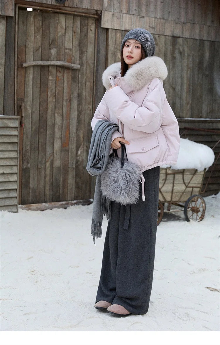 MISHOW Short Lightweight Puffer for Women 2025 Fashion Loose Long-sleeved Down Jacket Detachable Fur Collar Warm Coat MXE87Y0084