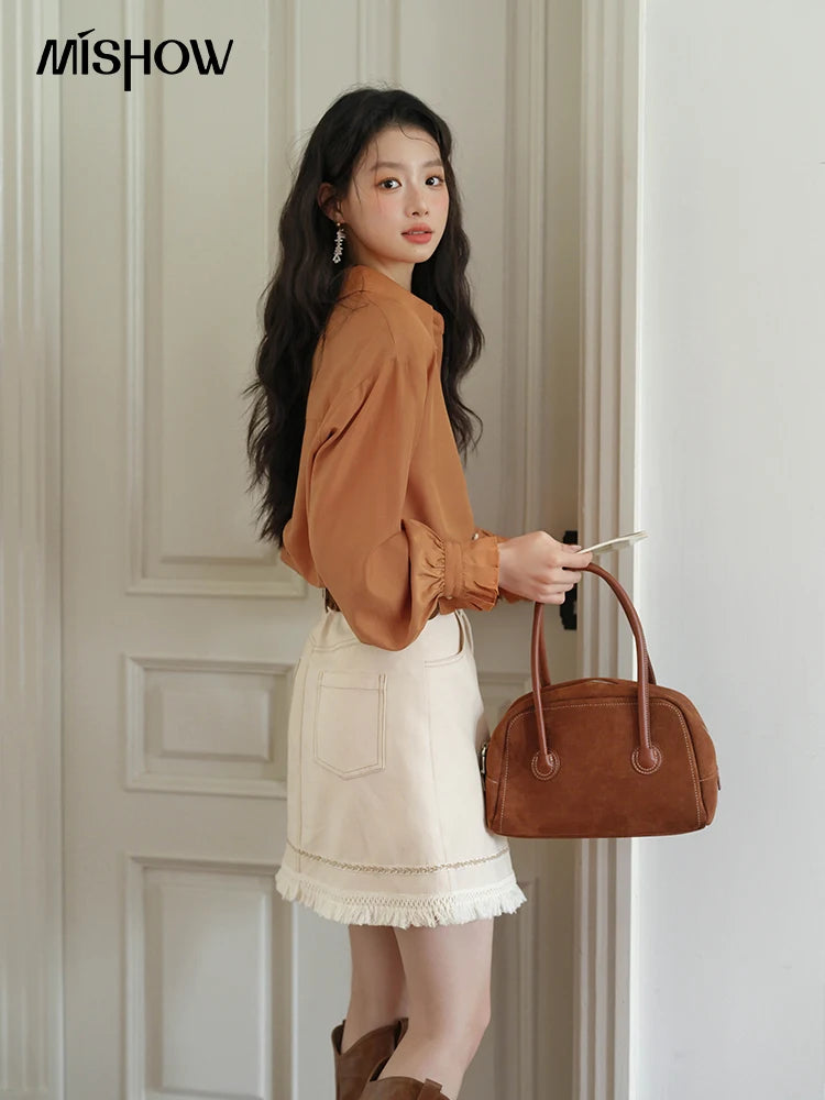 MISHOW Women's Shirts 2025 Autumn Color Blocking Buttons Pleated Cuffs Loose Top Female Solid Lapel Commuting Shirts MXE41C2352