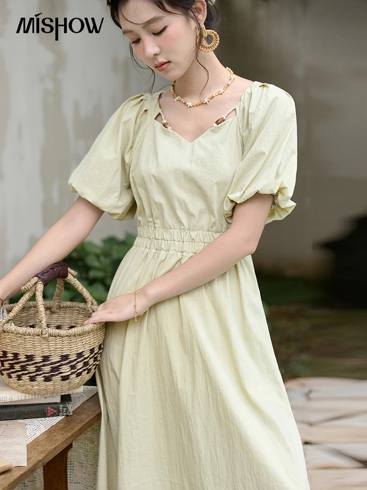 MISHOW French V-neck Bubble Sleeve Dress for Women Summer 2025 Elegant Waist Dress Back Green Waist Exposed Dresses MXD22L1825