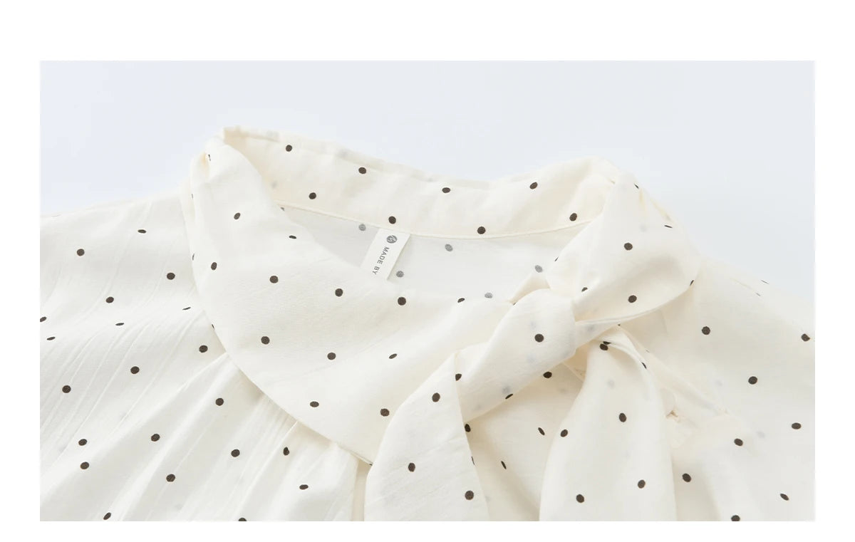 MISHOW Women's White Polka Dot Blouse Spring Bow Tie Neck Sheer Chiffon Blouses Casual Long Sleeve Top Office Lady MXF13X2531