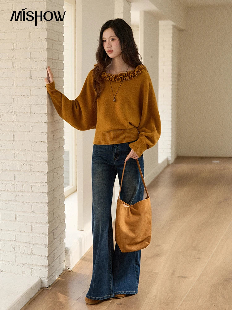 MISHOW Pullovers Women 2025 French Style Orange Lotus Edge Crew Neck Lantern Sleeves Top Slim Luxury Women's Sweaters MXE86Z2726