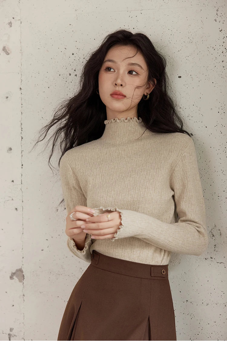 MISHOW Bottom Knitted Sweater Women Ruffled Edge High Collar Long Sleeve 2025 Winter Solid Slim Thin Internal Tops MXD48Z0850