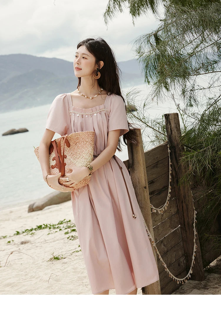 MISHOW Bohemian Pink Women‘s Summer Dresses Women 2025 Short Sleeve Square Collar with Belt Dress Lady New Fashion MXE33L2158