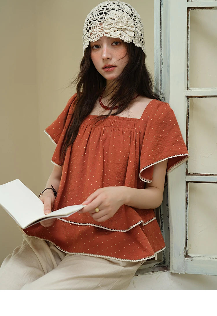 MISHOW Women's Polka Dot Blouse 2025 Summer Square Neck Lace Spliced Double Layered Ruffled Red Top Women's Clothing MXE37X1857